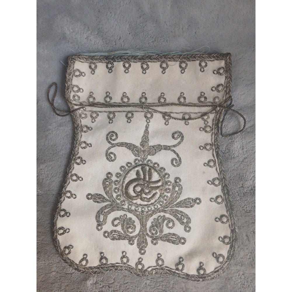 Antique Ottoman Turkish Velvet Pouch Silver Metallic Embroidered Tughra Cream‎